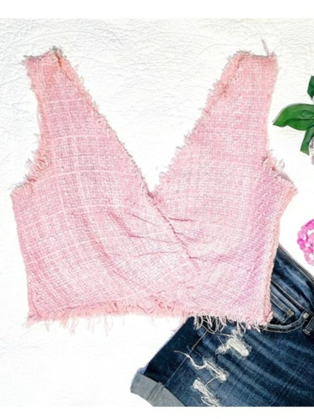 Zara Women's Crop Top Size Medium Pink Tweed V Neckline Sleeveless Festival Y2K